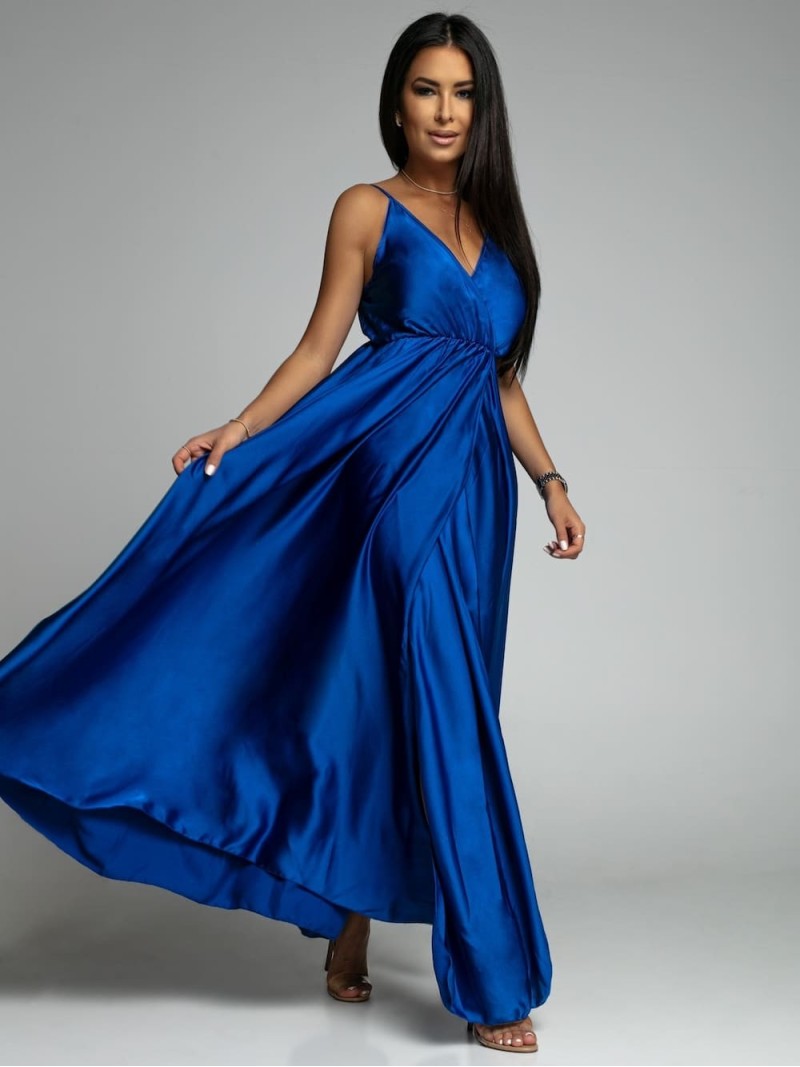 Long satin dress with straps, cornflower blue AZR126